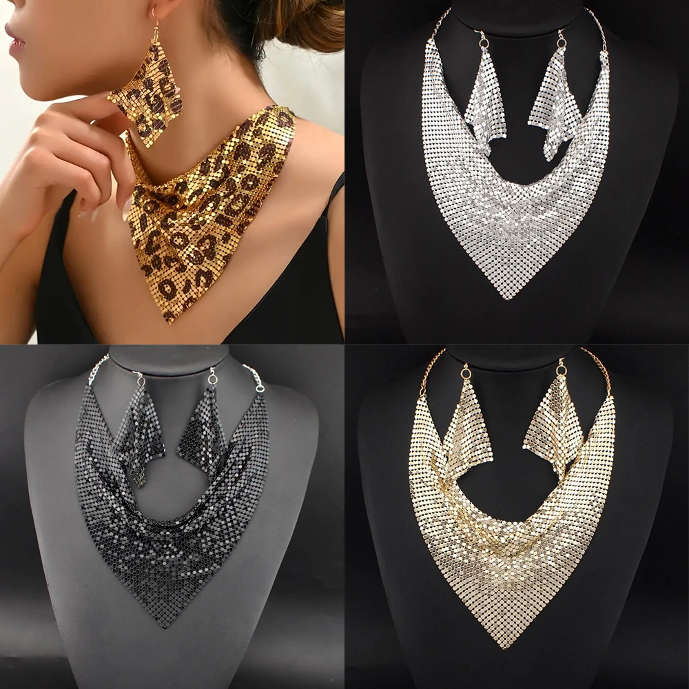 Leopard Print Accessories Women Leopard Print Sequined Triangle Scarf Necklace Earring Oversized Collarbone Chain Sexy Accessory
