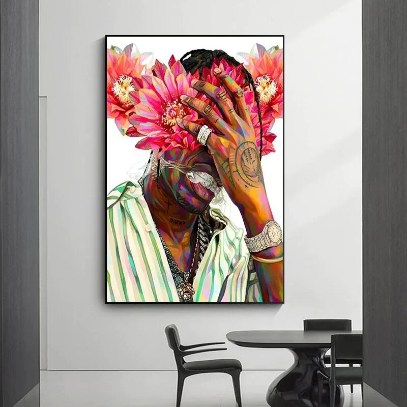 Monalt Rapper King Tupac Shakur Canvas Art Painting With Frame 28x40inch 24 X 36inch Flowers Head Man Singer Poster Prints