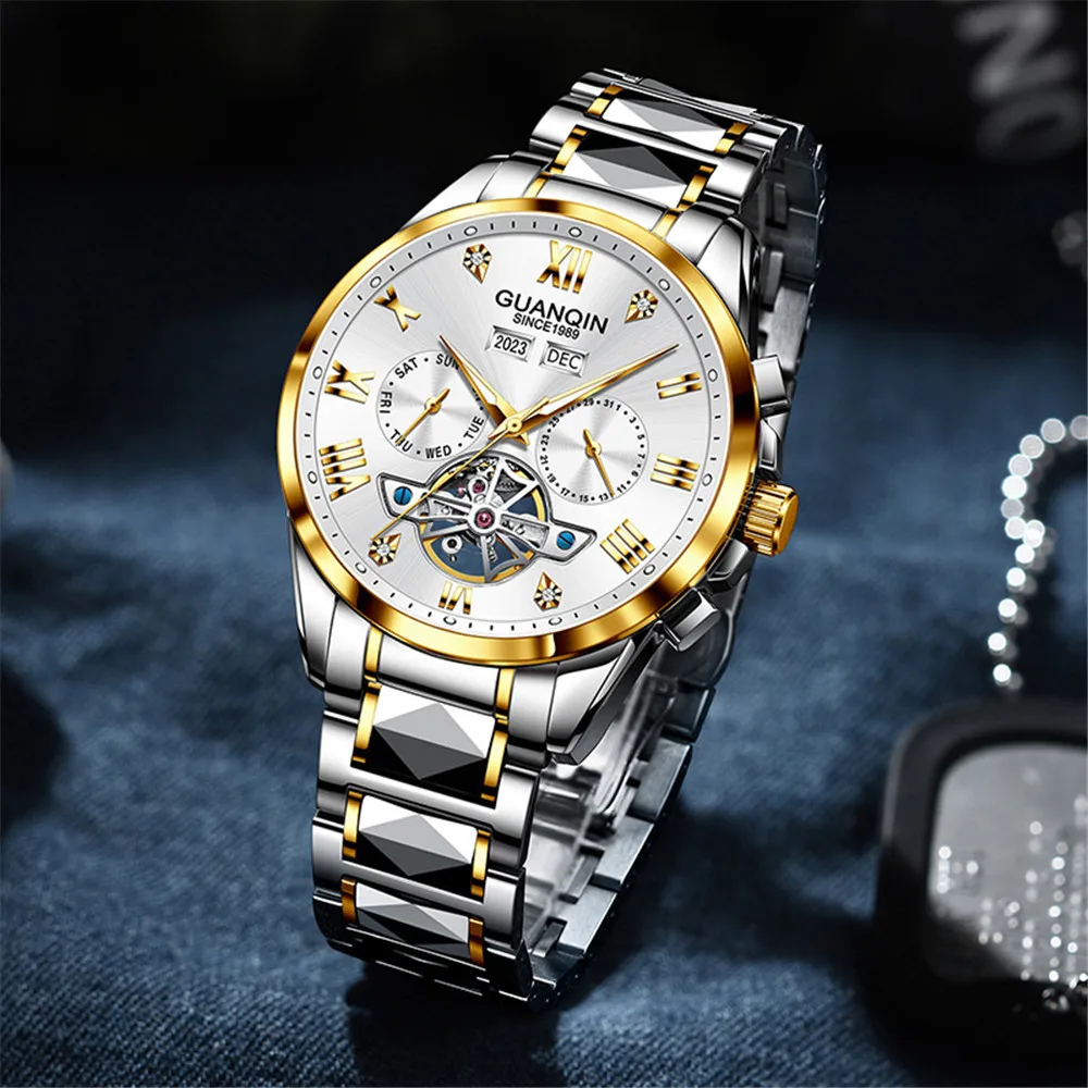 

GUANQIN Luxury Tungsten Steel Leather Business Men Wrist Watch Sport Automatic Mechanical Multifunctional Skeleton Design Clock