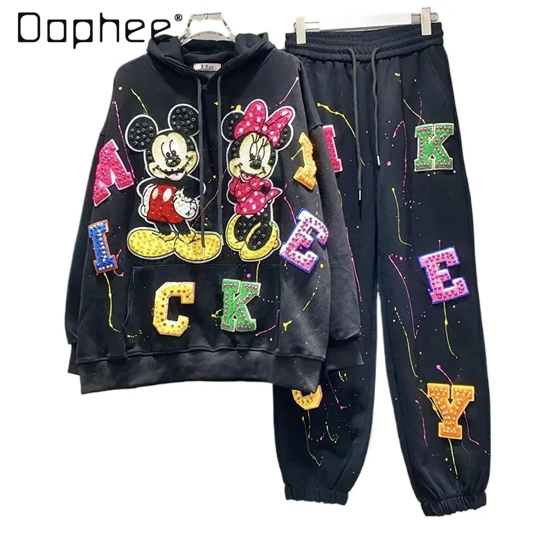 Trendy Brand Cartoon Diamond-encrusted Hoodie Sweatpants Two-piece Sets Womens Outfits Autumn Loose Leisure Sports Suit 2024