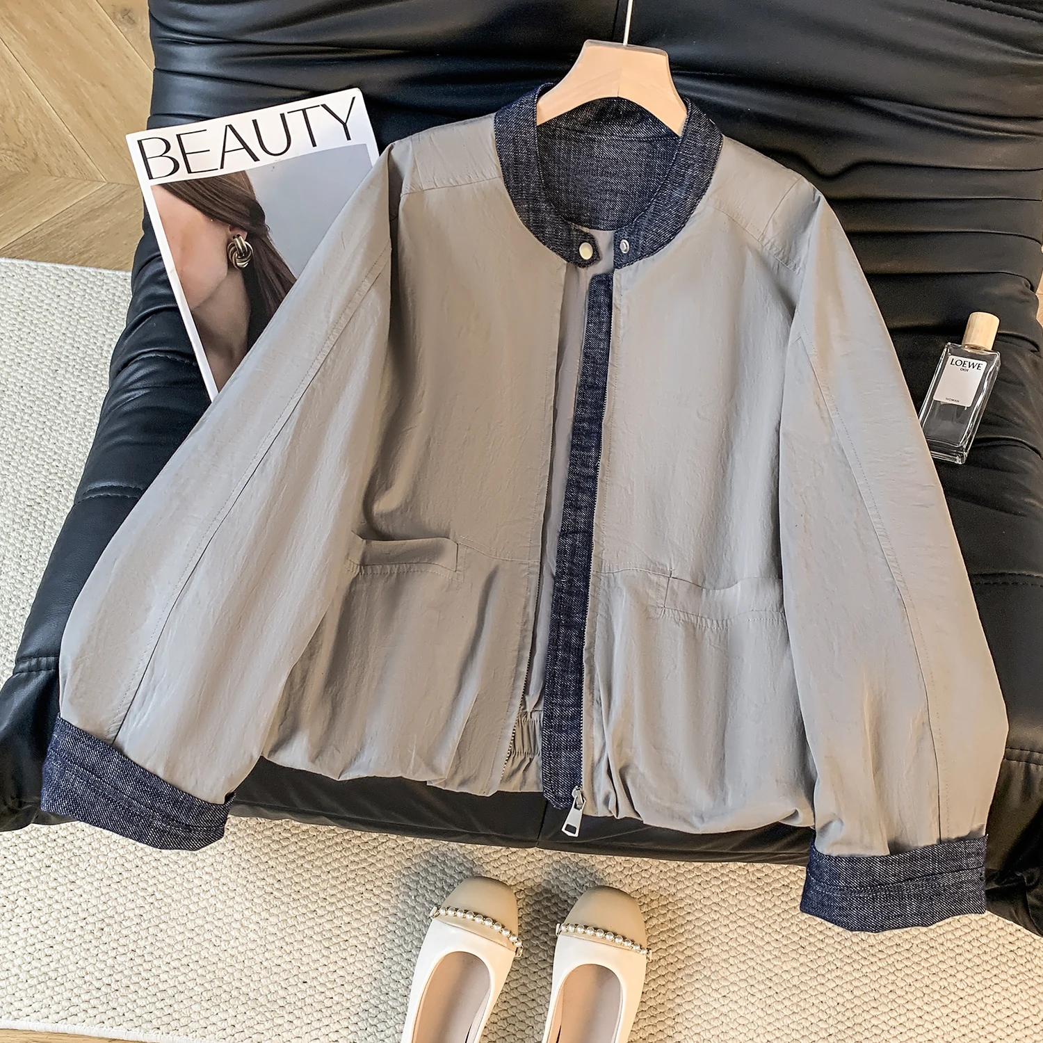 

Джинсовый топ премиум-класса в стиле пэчворк, женский весенний цвет, ранняя осень, свободный воротник-стойка, бейсбольный топ на молнии, хлопок