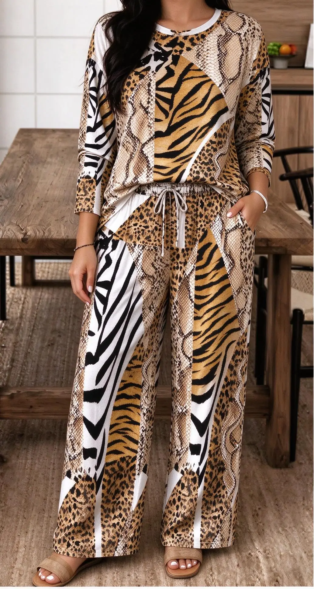 Women Imitation Cotton Loungewear Set Wild Mixed Animal Skin Print Patchwork Long Sleeve Pajamas