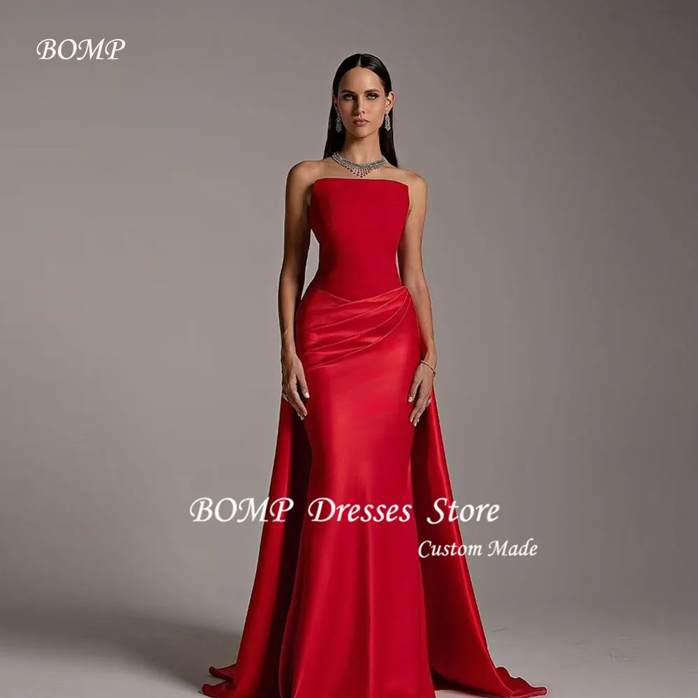 

BOMP Red Evening Dresses Dubai Arabic Women Wedding Party Dress Strapless Satin Floor Length Prom Gowns Vestidos Customized