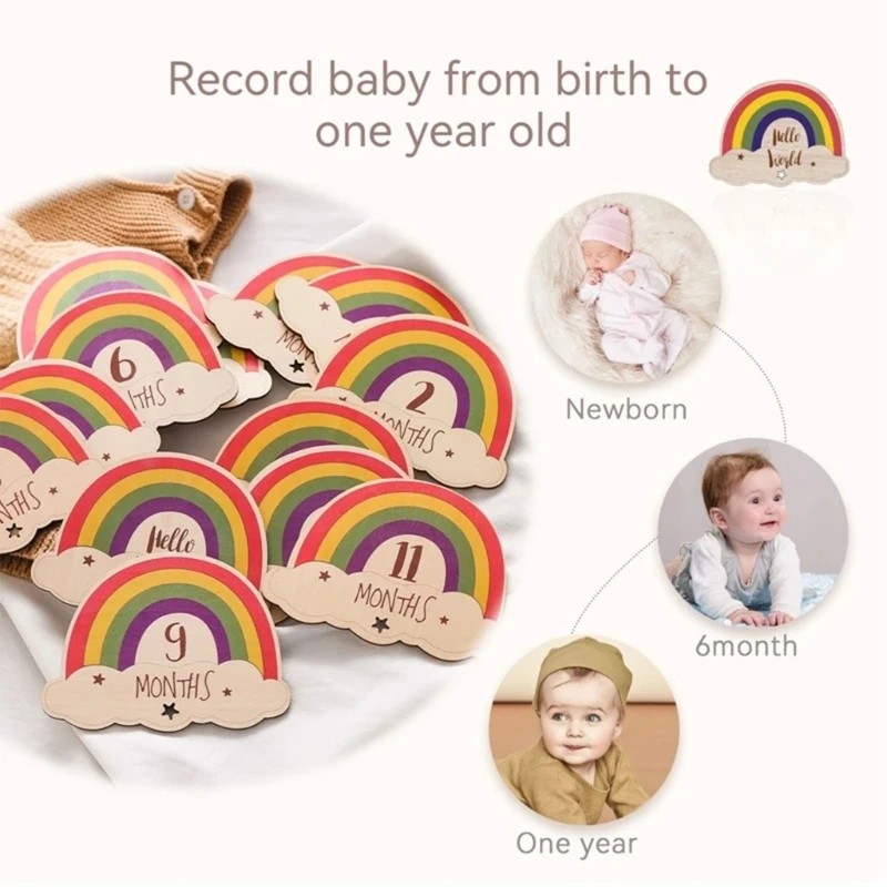 13pc Baby Rainbow Milestone Number Monthly Memorial Cards Newborn Baby Wooden Engraved Age Photography Accessories Birthing Gift