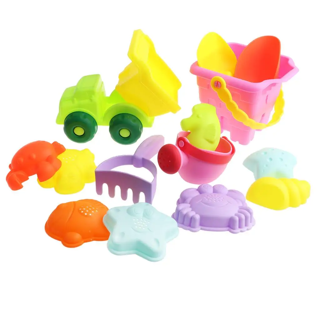 Set di giocattoli da 14 pezzi per bambini piccoli - Secchio quadrato, camion, pala, rastrello,