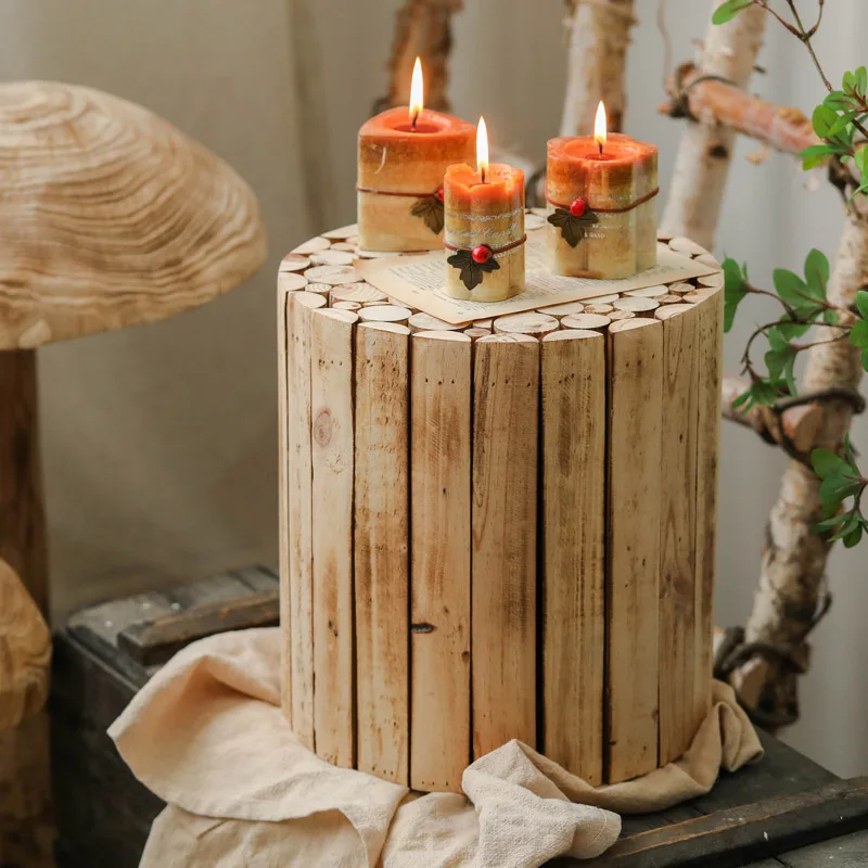 Vintage splicing solid wood small round stool Japanese style home stay furniture decoration living room courtyard small stool