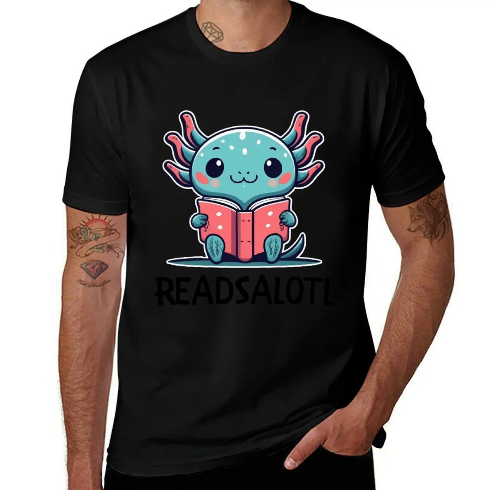 Readsolotl Blue Kawaii Axolotl Book Lover Funny Reading T-Shirt Outdoor Work Short Sleeve Top T-Shirt