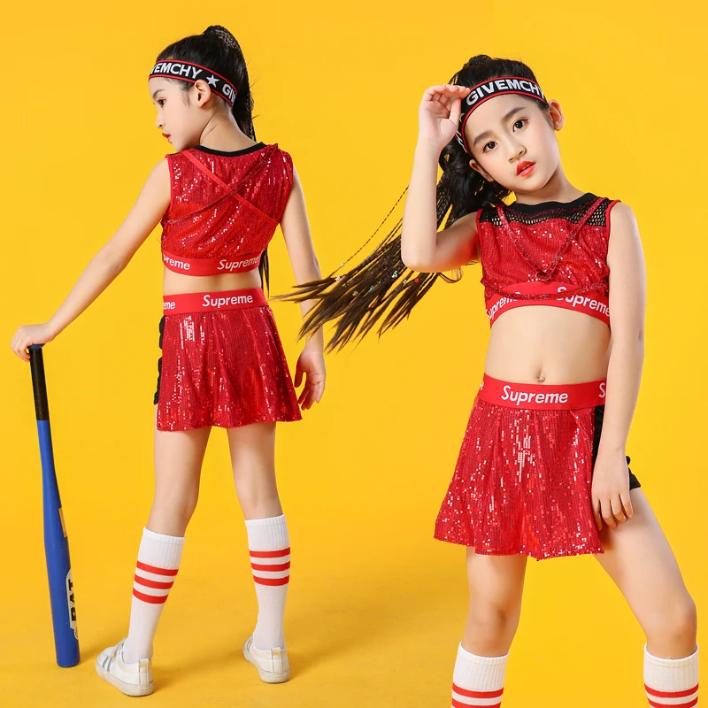 Children Stage Dancewear Kid Hip-Hop Red Hip Hop Jazz Dance Costume Suit Paillette Modern Dress Girl Cheerleading Clothes