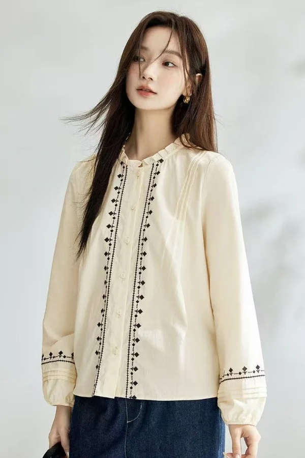 

Ethnic Embroidered Long Sleeve Shirt Casual Versatile Loose Top