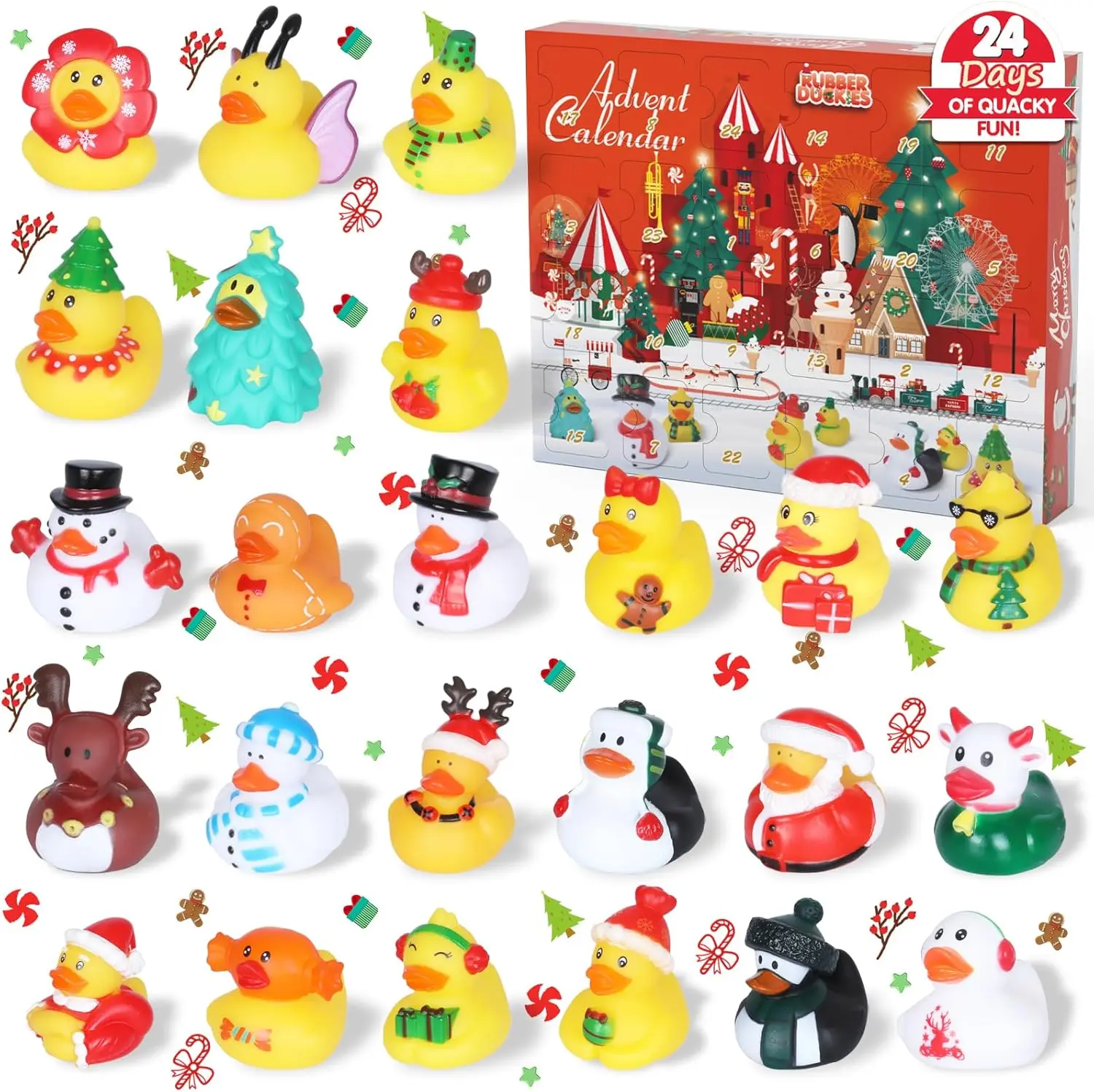 Weihnachts-Enten-Adventskalender 2024, 24 Gummienten für Jungen, Mädchen, Kinder und Kleinkinder, Weihnachts-Countdown-Partygeschenke