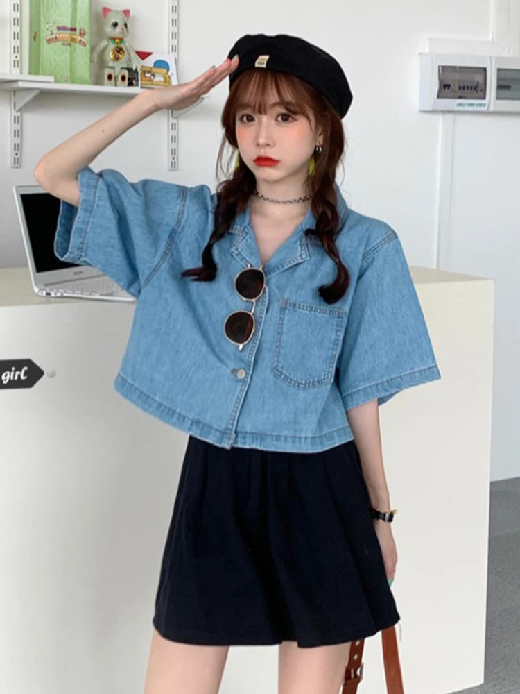 S-4XL Short Sleeve Denim Blouse Summer Women Notched Collar Loose Casual Short Shirt Versatile Female Solid Tops