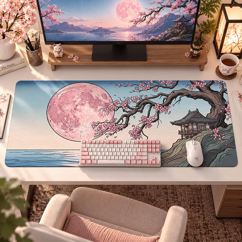 Mouse Pad Pink Moon Sakura Pagoda Gaming XL Computer HD Mousepad XXL Desk Mats Non-Slip Office Carpet Laptop Desktop Mouse Pad