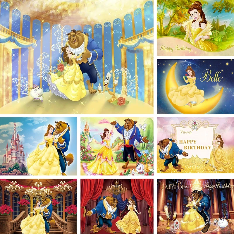 

Disney Beauty and the Beast Dreamy Palace Cartoon Princess Bell Birthday Party Decoration Backdrop Photography Background