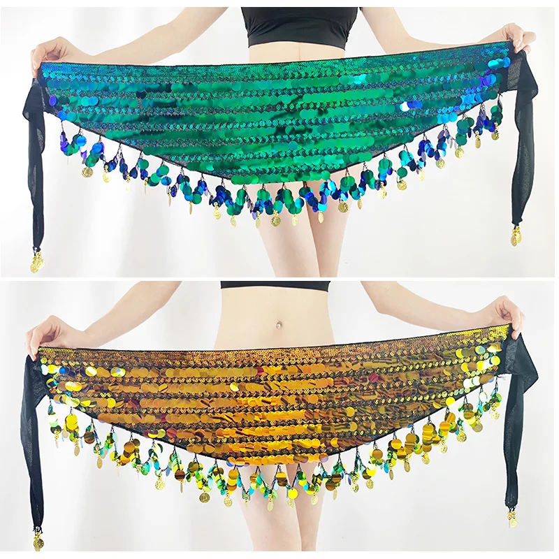 Women Belly Dance Waist Chain Practice clothes Accessories Coin Belt Tribal Costume Dance wear Sequin Triangle Scarf Hip Adult