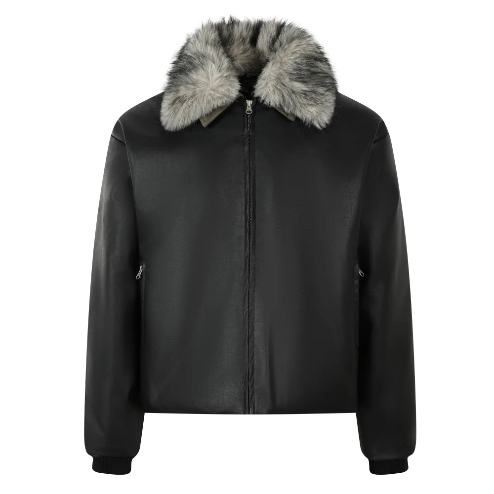 Jaqueta de couro feminina com gola de pele destacável preto moda feminina casaco de pele sintética estofamento de alta qualidade roupas de inverno mulher