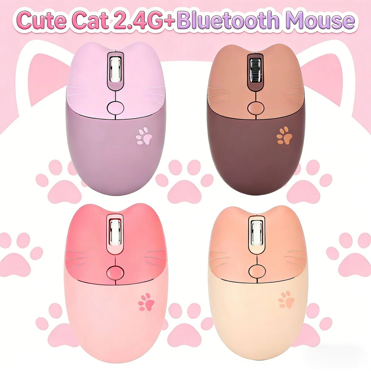

Kawaii Cat Shape 2.4G+Bluetooath Wireless Mouse Candy Color Silent Gaming Mice For Laptop PC Computer Gamer Girl Kid Home Office
