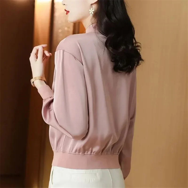 Silk Short Jackets Woman Coats Loose Satin Outwear Solid Color Cloth Zipper Baseball Jacket Autumn Clothes Female Jacket Z682