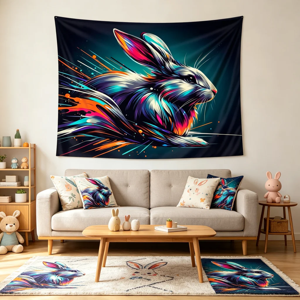 1PC Colorful Rabbit Run Art Print Backdrop Banner, Bedroom Living Room Photo Background, Polyester, Home Decor, Wall Art