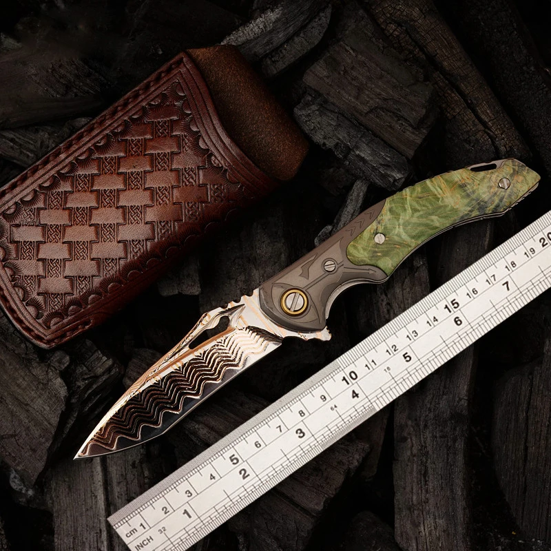 Cuchillo Plegable de Acero Damasco de 67 Capas "Spartan Warrior" - Hoja Forjada con Núcleo de Cobre, Cuchillo de Bolsillo EDC para Campismo y Supervivencia al Aire Libre