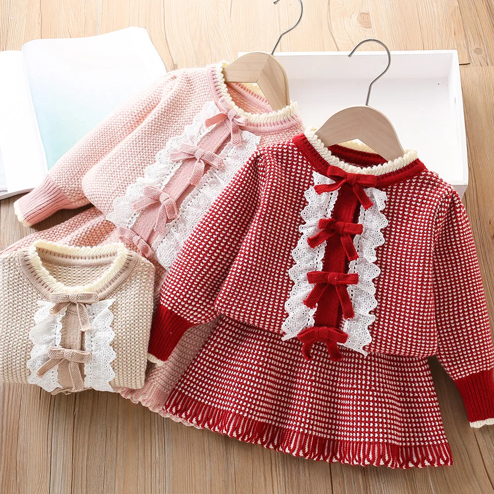 

Girls Knitted Clothes Sets Spring Autumn Children Woolen Jersey Sweaters Tops Skirts Party Dress Suit For Baby Outfits Kids 5 6Y