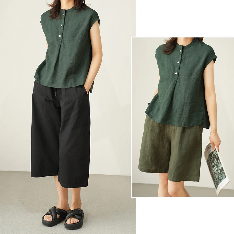 Summer Thin Cotton Casual Women's Shirt No-Sleeve Stand Collar Commute Style Fashionable Small Top Button Detail Half High Co...
