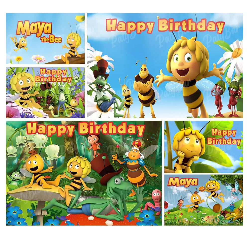 

Maya Bee Backdrop Kids Birthday Baby Shower Background Golden Blue Flower Vinyl Polyester Photography Studios Props