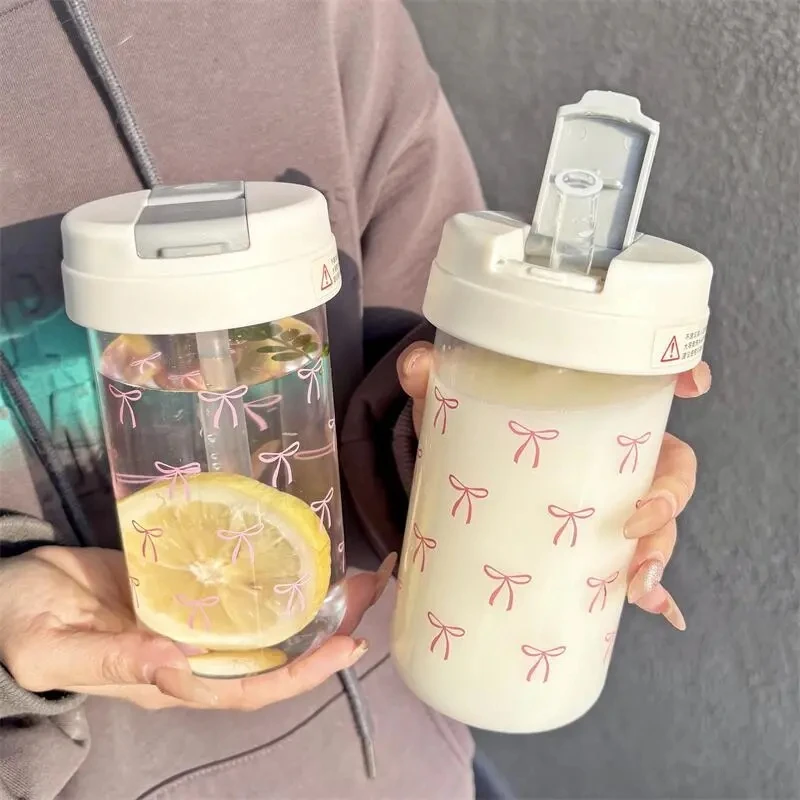 New Simple Bow Plastic Water Bottle Summer High Appearance Level Water Cup Heat Resistance Straw Double Drinking Cup For School