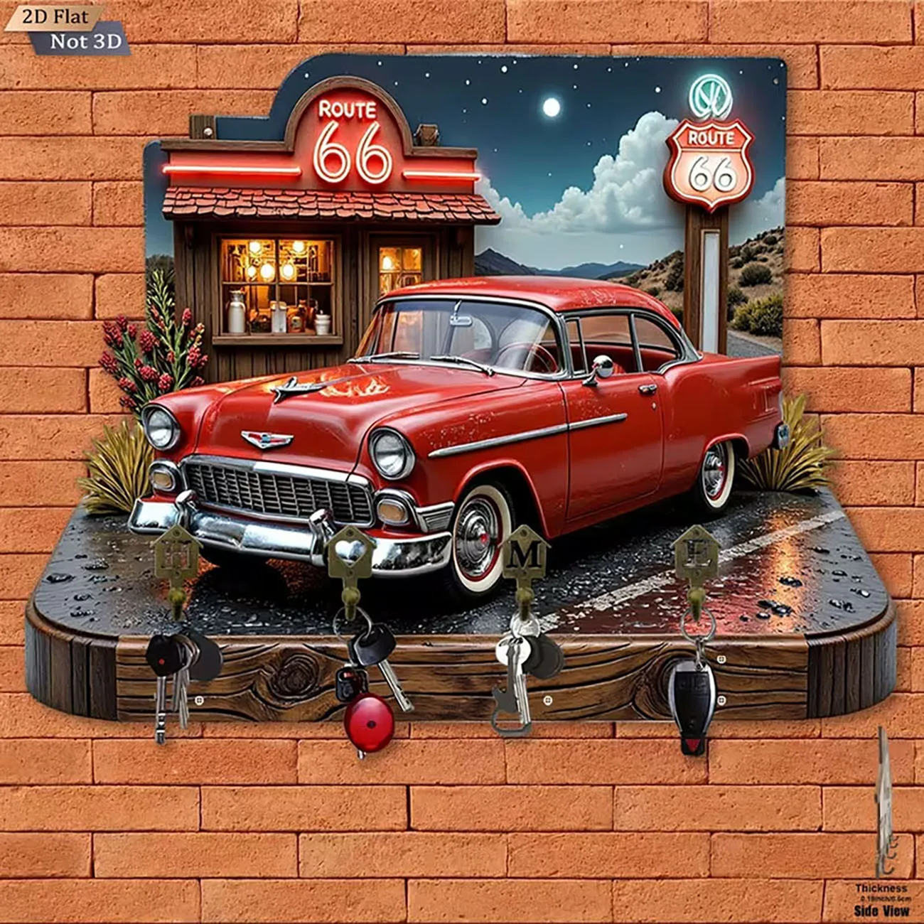 2D Flat Route 66 Key Holder with Red Classic vintage Car Print, Four Hooks, Retro American Highway Wall Decor