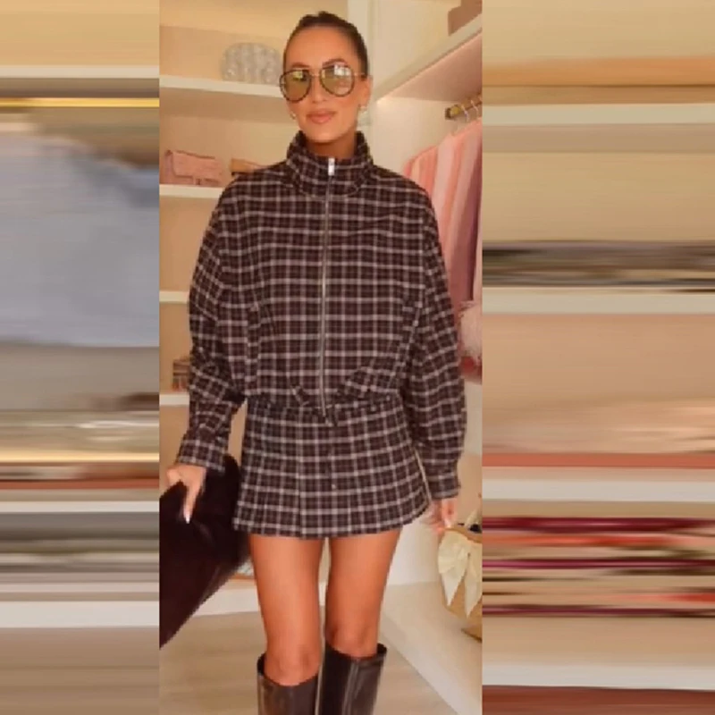 Plaid 2 Piece Outfit Zip High Stand Neck Drawstring Jacket A-line Mini Skirt Set Casual 2026 New Women Dating Party Daily Sets