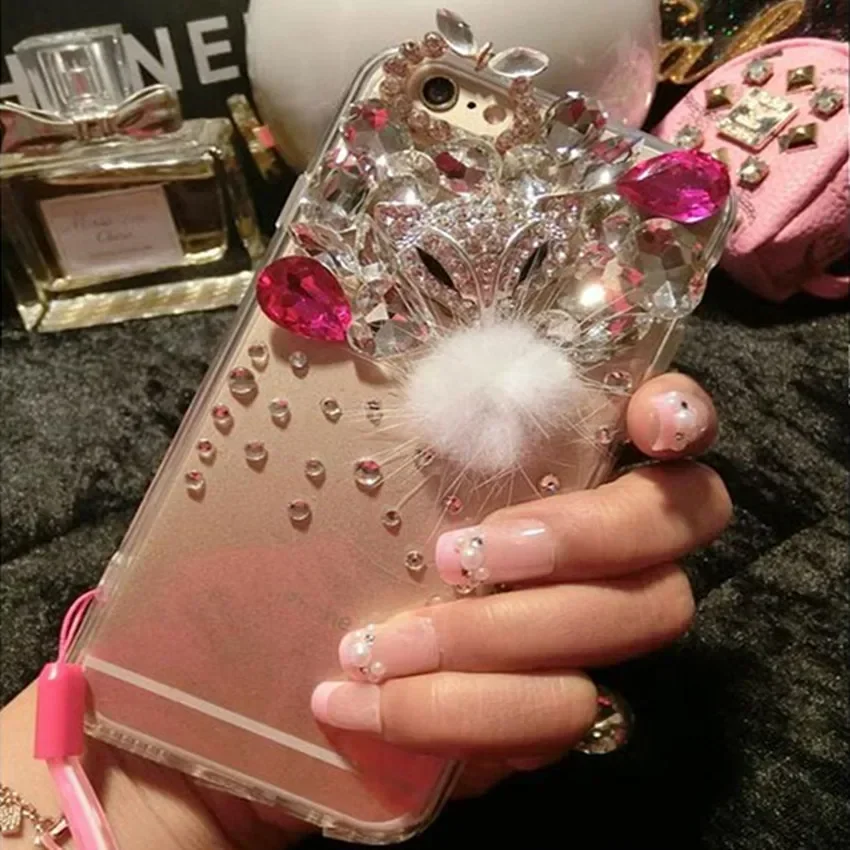 Luxury Bling Crystal Rhinestone Diamond Fox Fur Hair Soft Phone Case for IPhone 16 15Plus 14Pro 11 12 13 Pro XS Max XR Cover