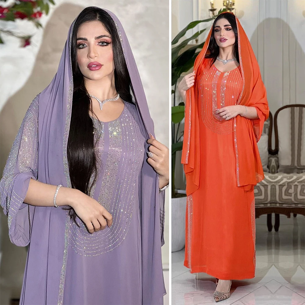 

Orange Purple Muslim Dress Store Arabic Clothes Women's Eid Kit 2 Piece Ladies Outfit Hijab Skirt Suit Abayas Scarf Dresses Sets