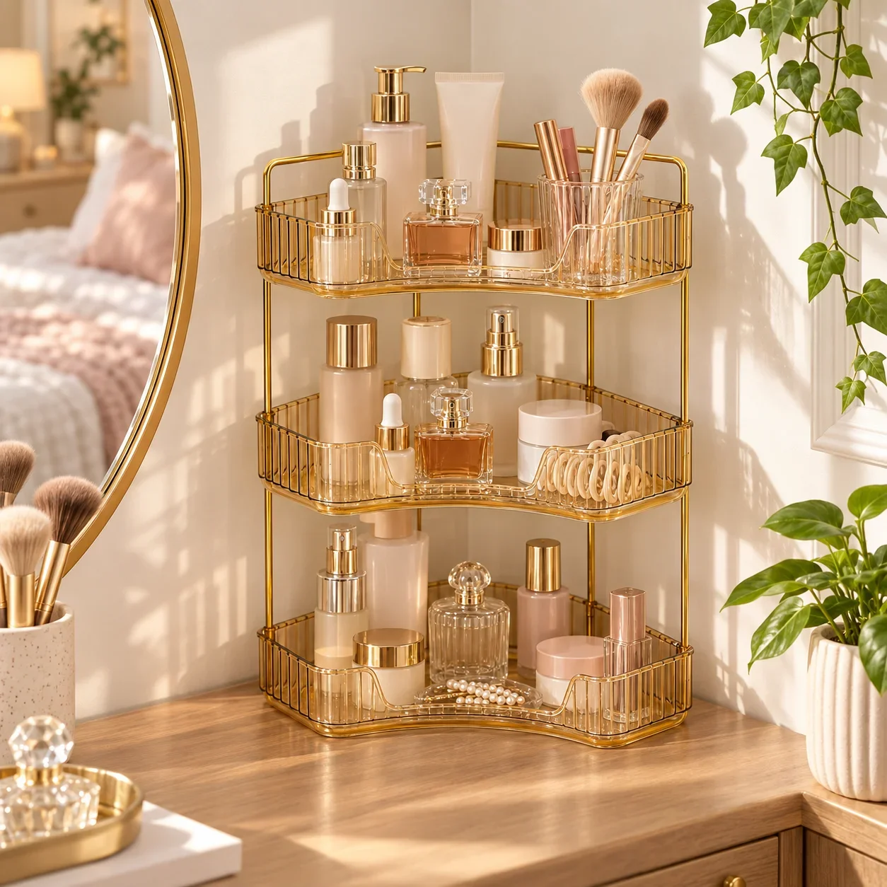 90° Corner Bathroom Countertop Organizer,Multi-Level Storage Box,Makeup Perfume Toiletries Cosmetic Skincare Rack,Large Capacity Vanity Tray Shelf,Bathroom Bedroom Kitchen Organizer,Space Saving,Dorm Decor,Gift for Women,Girls,Vanity Setup