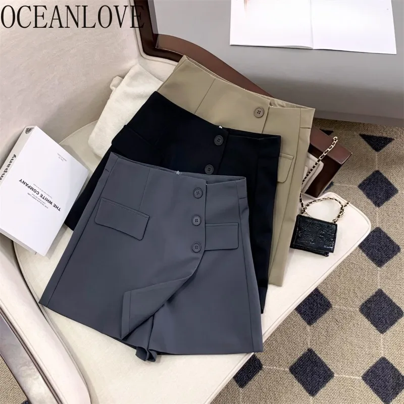

OCEANLOVE Irregular Solid Shorts Mujer Buttons Spring Summer High Waist Women Casual Korean Fashion Pantalones Cortos