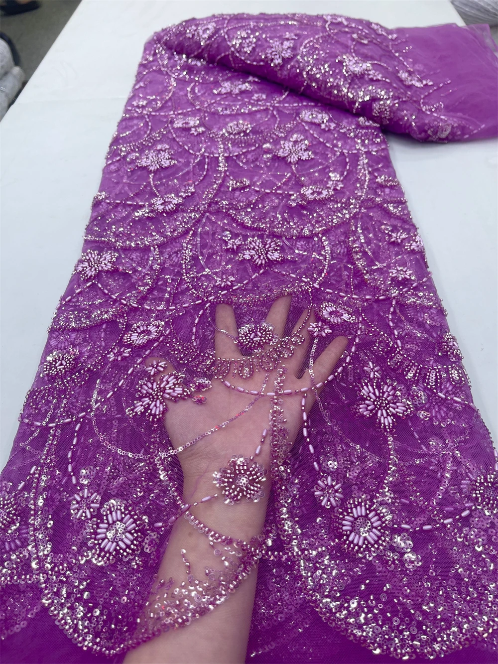 High Quality 2024 African Nigeria Sequins Tulle Lace Fabric French Embroidery Wedding Party Guipure Dress Beads Stone 5Yards