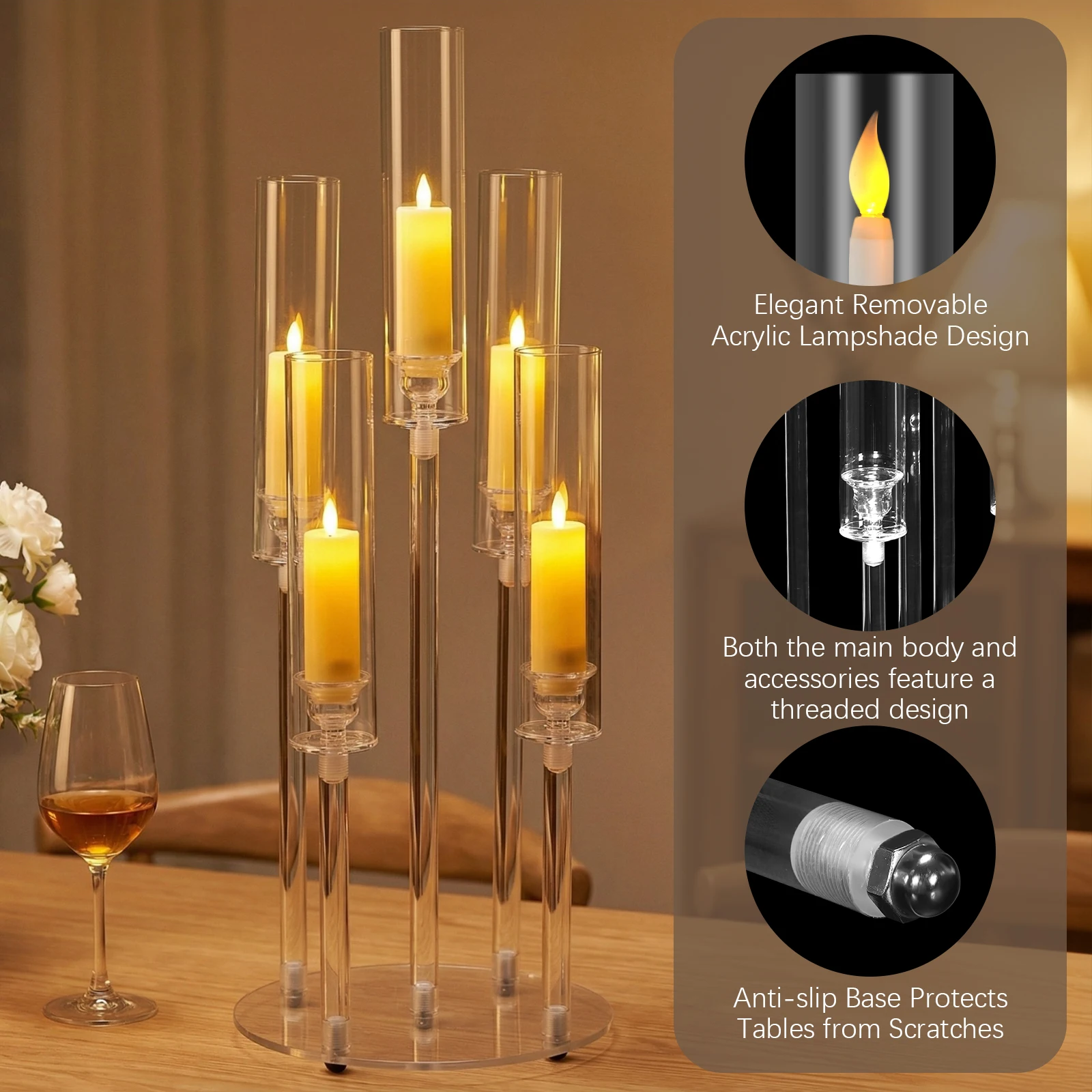 

20/10 шт. акриловые прозрачные подсвечники на 5 светодиодных ламп с съемными плафонами, 0.8 дюйма, для центрального украшения стола, свадеб и вечеринок