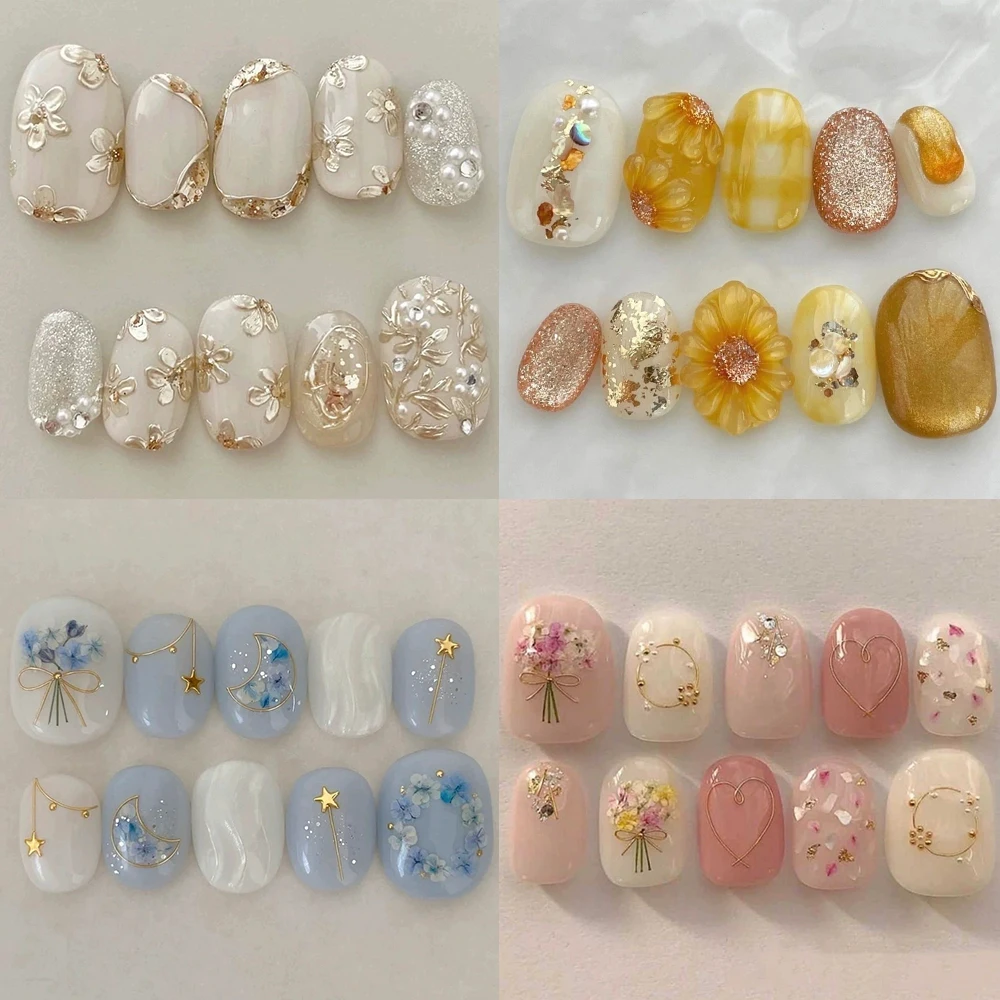 

10Pcs 3D Flower Handmade Short Almond Press On Nails Pearl Diamond Fish Hand Drawn Wearable Nails Party Stickers