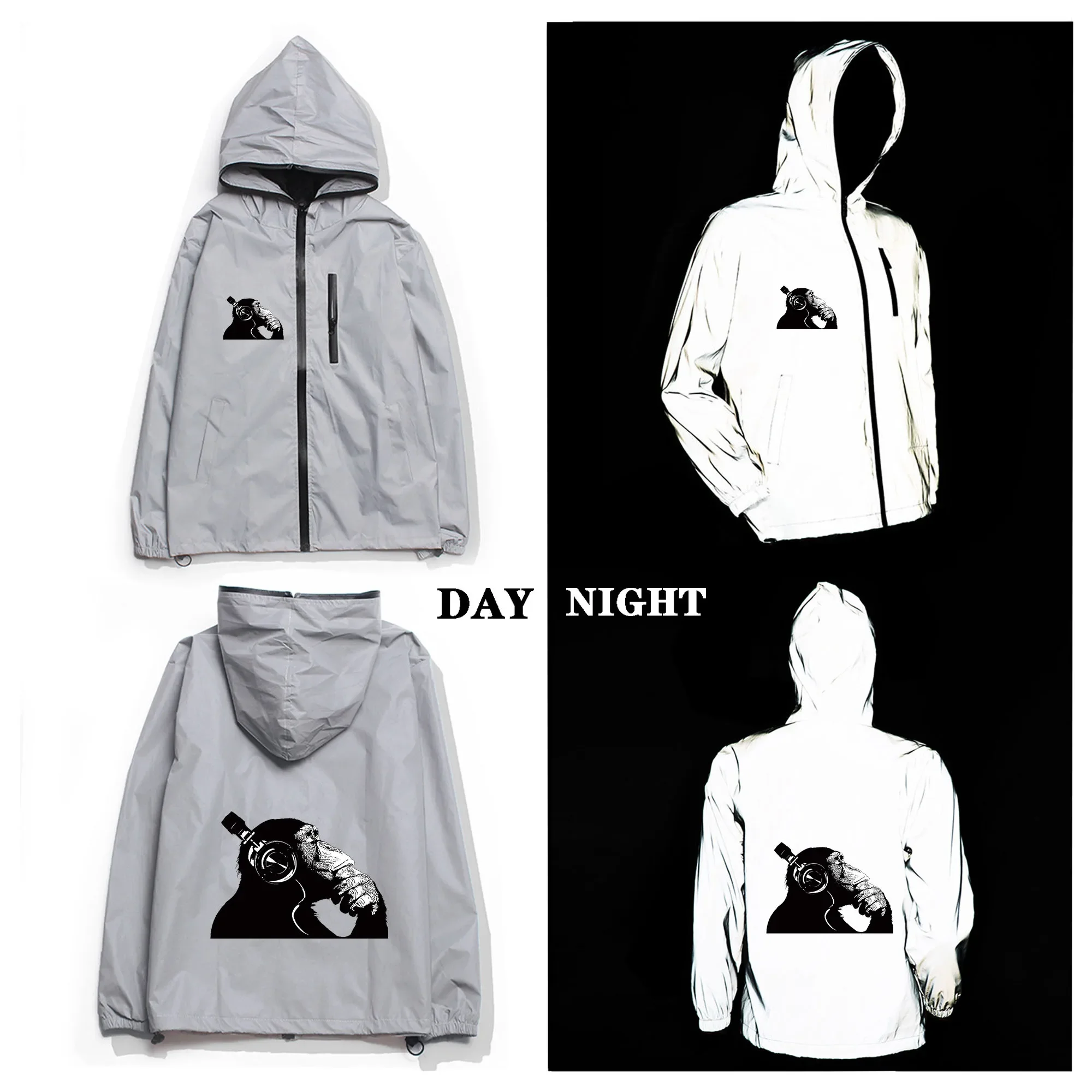 

Banksy Thinking Chimp Reflective Jacket Mens Womens Coat Hooded Windbreaker Run Jackets Cycling Hiking Zipper Custom Hoodie