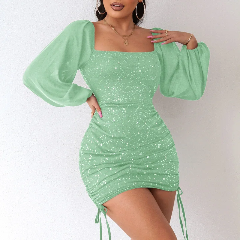 Square Neck Lantern Sleeve Drawstring Sequin Solid Bodycon short Dress 1023