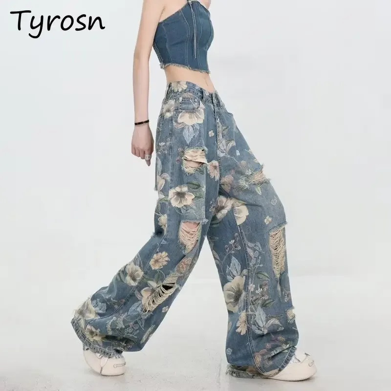 

Рваные джинсы с принтом, женские свободные прямые широкие брюки длиной до пола, новый американский ретро, уникальный дизайн, темперамент, улица