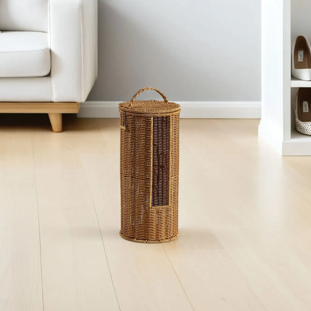 

Round Storage Basket With Lid Faux Rattan Design Bathroom Living Room Home -Saving Organizer Towels Toilet Paper