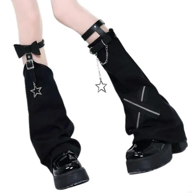 L5YC Aesthetic Fashion Leather Buckle Garters Leg Warmer Streetwear Harajuku Boot Cover Vintage Crosses Stitched Leg Warmer