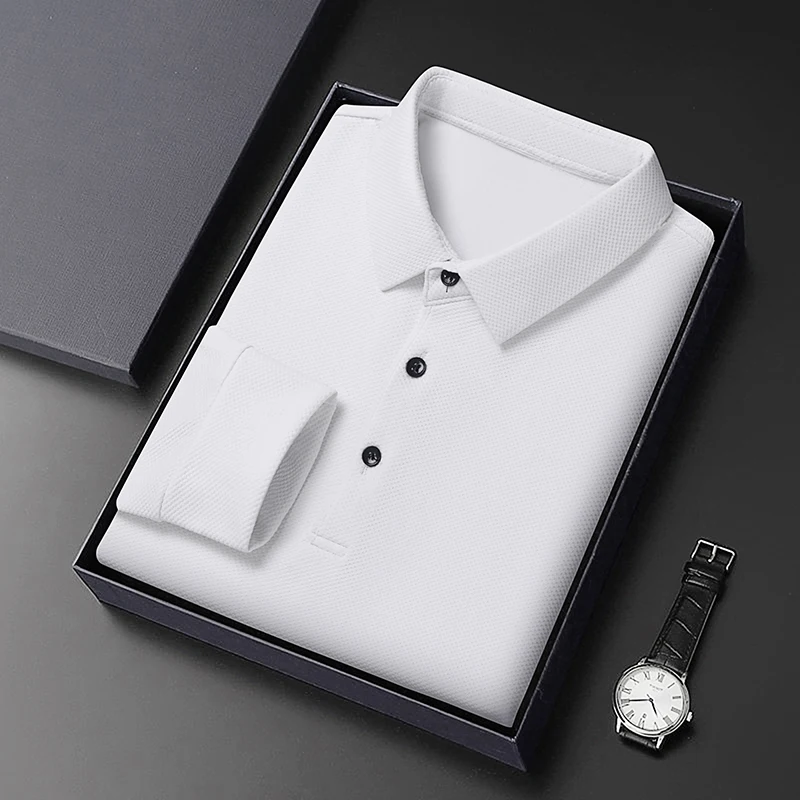 

Men's New Designer High-End Brand 2024 Autumn Button Print Long Sleeved Solid Color Polo Shirt Soft Comfort Lapel Men's T-Shirt