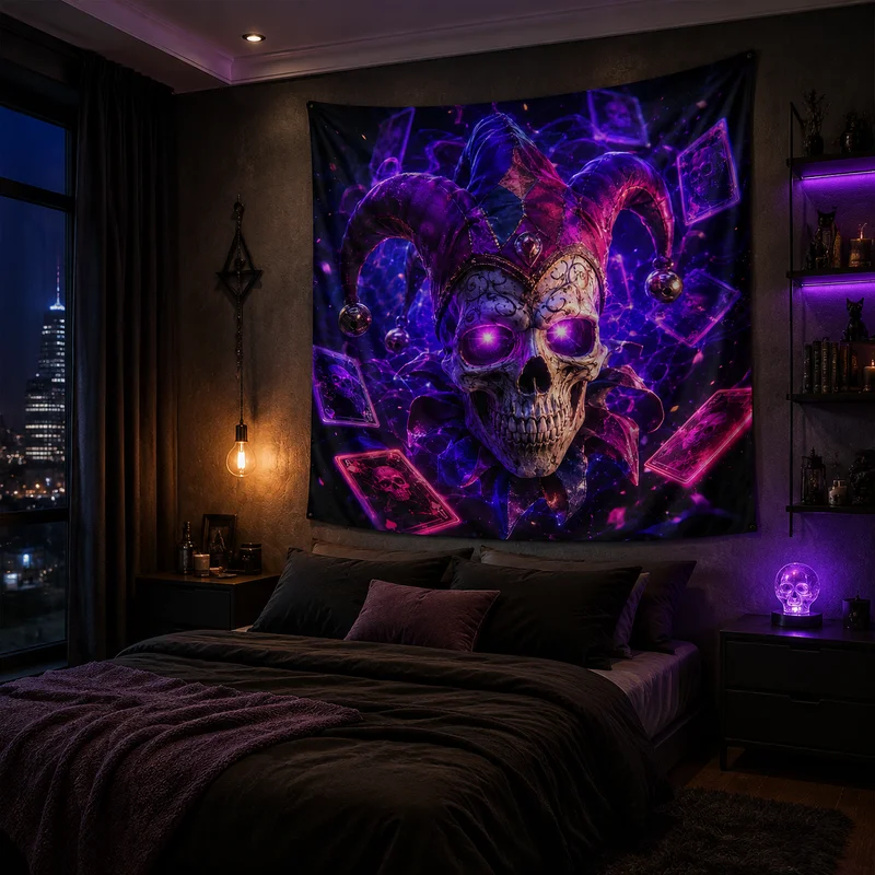 VIKAMA Dark Joker Skull Tapestry, Neon Style Skull Joker Wall Hanging Cloth, Halloween Home Decoration