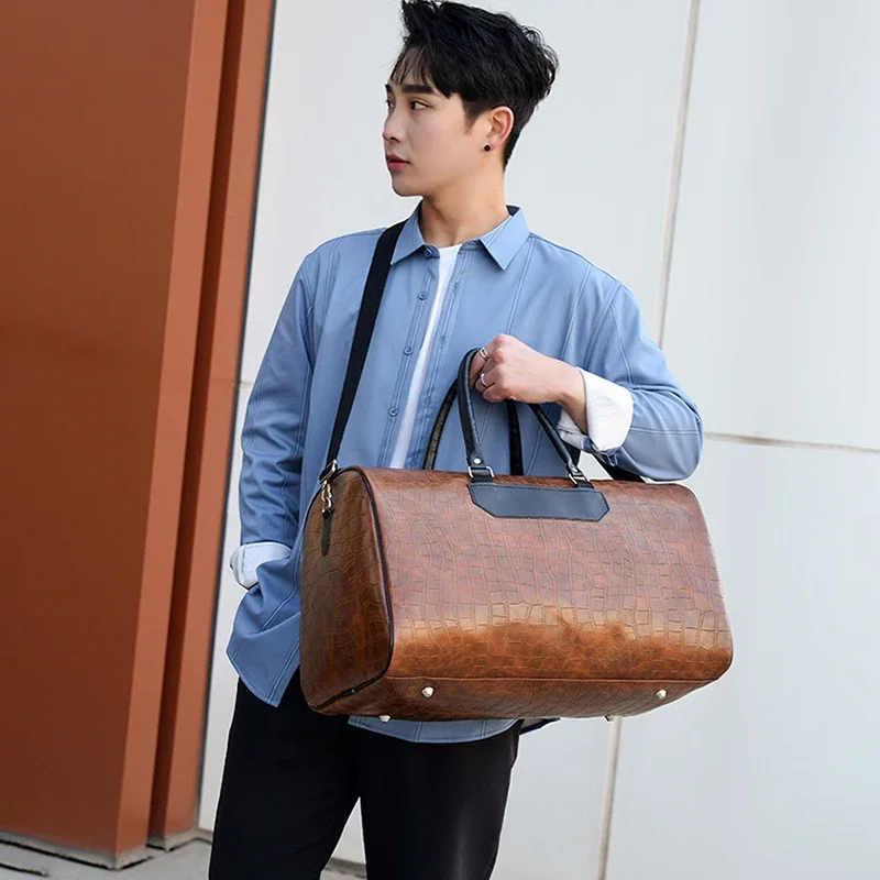 python-pattern-gym-fitness-bag-travel-tote-handbag-casual-pu-leather-male-luggage-duffle-shoulder-sports-business-bag-for-men