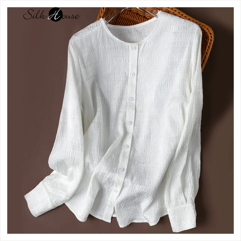 

Clear Artistic Texture 100% Natural Mulberry Silk GuanLe Crepe White Round Neck Long Sleeved Commuting Straight Tube Shirt