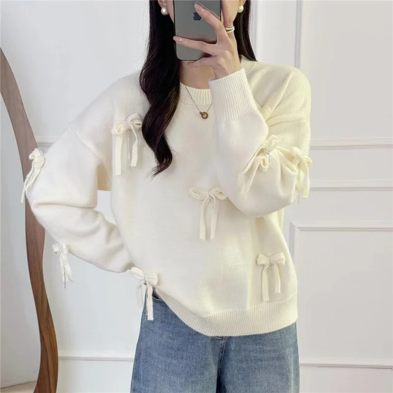 

Round Neck Pullover Bow Sweater Women, New Autumn Style, Lazy Soft High-End Fashion Loose Knitwear