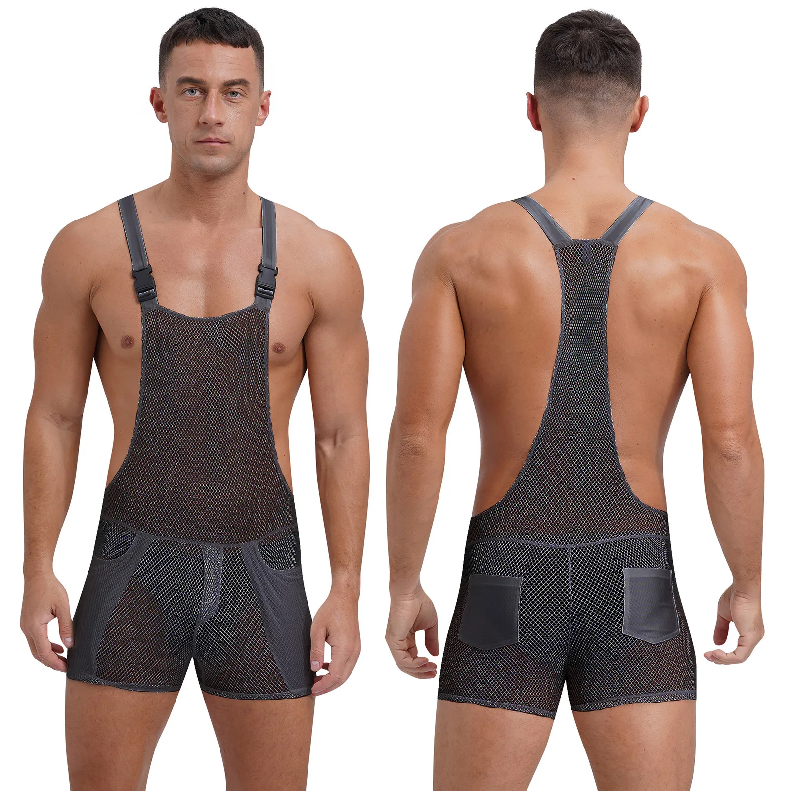 بذلة رجالية مجوفة من شبكة صيد السمك ، شبكة صيد السمك ، أحزمة كتف بإبزيم ، بدلة مثيرة للجمباز ، ملابس نوم للياقة البدنية ، ملابس النادي #1