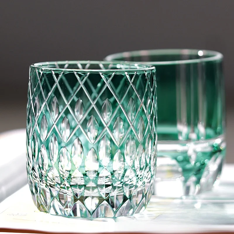 Japanese Style Hand Carved Crystal Glass Whiskey Cup Green Beer Water Cup Gift Box Set  Shape Glassware Lion Pride