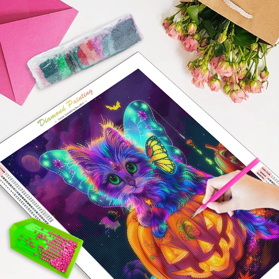 RUOPOTY-5D Diamond Painting Kit Halloween Cat Pumpkin Drill Crystal Cross Stitch Kit Printed Dimond Art Paintings Diy Decoration