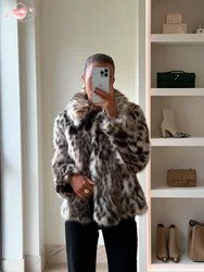 Leopard Print Long Sleeved Women's Furry Faux Fur Coat Fashionable Collar Thickened Warm Jacket 2024 Female Office Streetwear